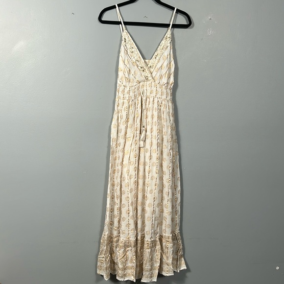 Me 2 Magic Cream over Gold Print V-neck Ruched Back Layered Skirt Maxi Dress M - Picture 5 of 17